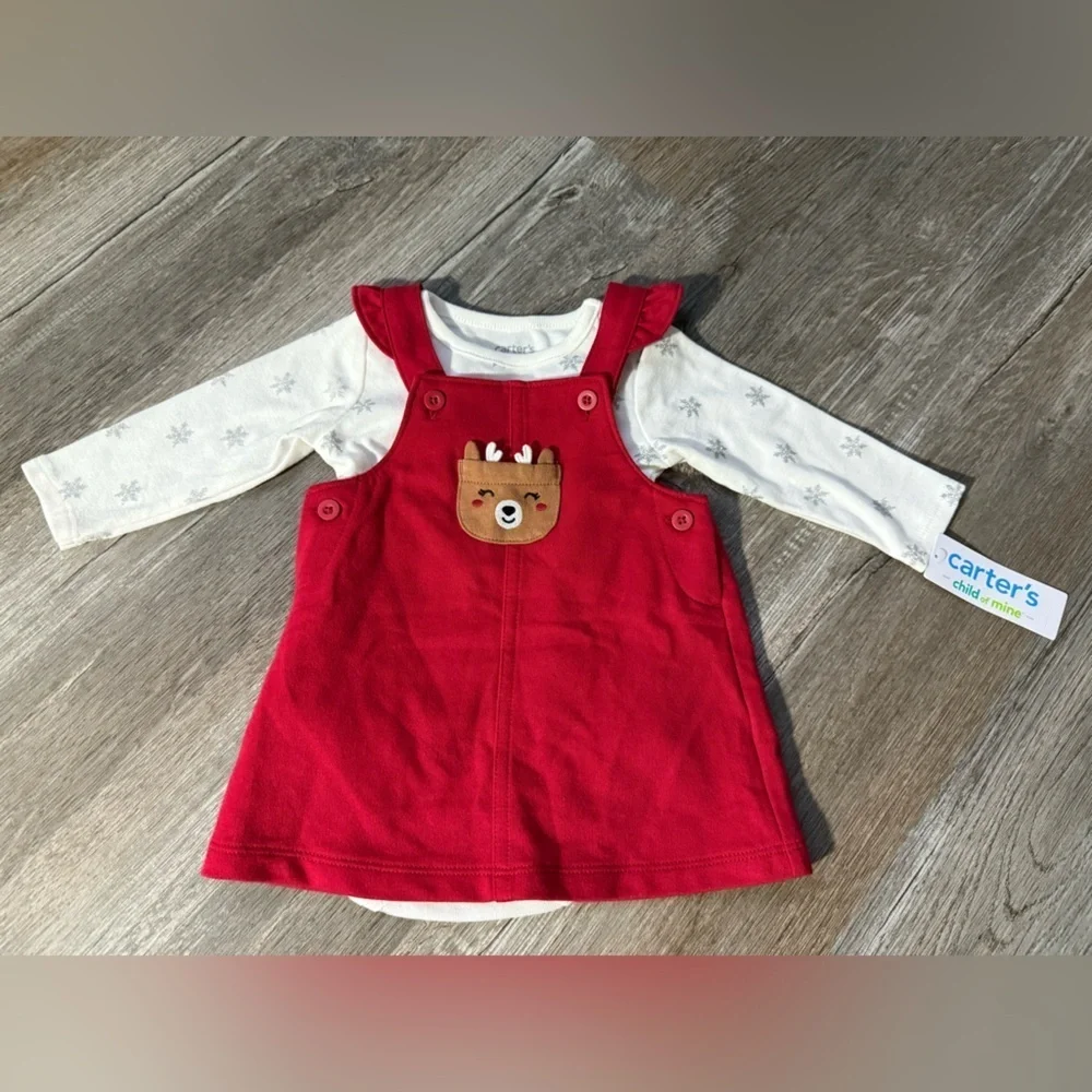 NWT Carters 2 Piece Set Christmas Reindeer Outfit Red Dress Jumper Size 3-6 Mos